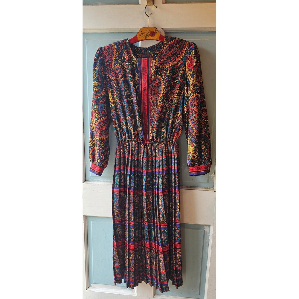 Lady Carol of New York Vintage Paisley Floral Pleated Midi Dress Multi Color 12